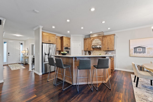 6208 W Bull River Rd, Highland, UT 84003 - kitchen featuring appliances with stainless steel finishes, crown molding, recessed lighting, a center island, and dark wood-style floors