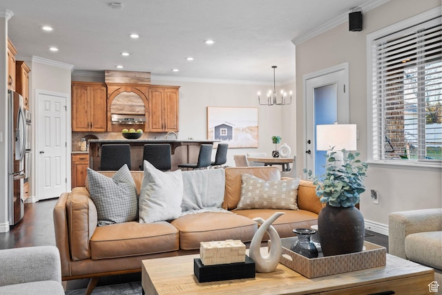 6208 W Bull River Rd, Highland, UT 84003 - living area with a chandelier, ornamental molding, dark wood-style flooring, recessed lighting, and baseboards