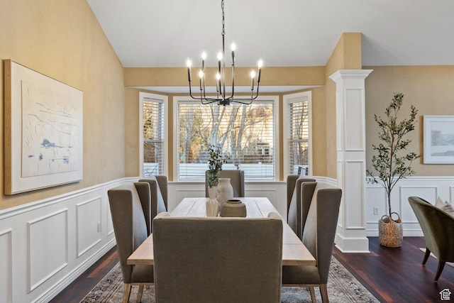 6208 W Bull River Rd, Highland, UT 84003 - dining space featuring a chandelier, dark wood-style floors, plenty of natural light, a decorative wall, and wainscoting