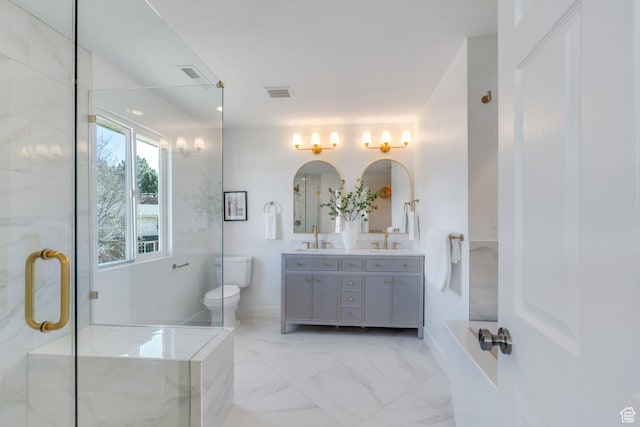 881 S 635 W, Orem, UT 84058 - bathroom with visible vents, marble finish floor, double vanity, a sink, and a stall shower