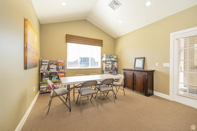 1886 S 830 W Unit D, Syracuse, UT 84075 - dining room with vaulted ceiling, recessed lighting, baseboards, visible vents, and light carpet