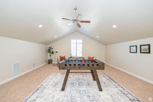 1886 S 830 W Unit D, Syracuse, UT 84075 - playroom with visible vents, lofted ceiling, carpet flooring, and a ceiling fan