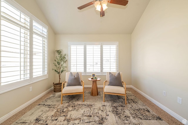 1886 S 830 W Unit D, Syracuse, UT 84075 - living area featuring carpet floors, baseboards, lofted ceiling, and ceiling fan