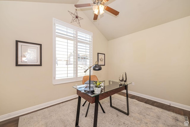 1886 S 830 W Unit D, Syracuse, UT 84075 - office area featuring a ceiling fan, baseboards, lofted ceiling, and wood finished floors