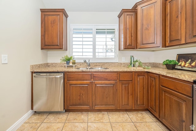 1886 S 830 W Unit D, Syracuse, UT 84075 - kitchen featuring light tile patterned flooring, light stone countertops, stainless steel dishwasher, a sink, and brown cabinetry