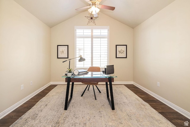 1886 S 830 W Unit D, Syracuse, UT 84075 - office area featuring dark wood-style floors, vaulted ceiling, baseboards, and a ceiling fan