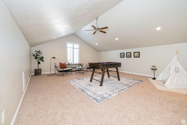 1886 S 830 W Unit D, Syracuse, UT 84075 - game room with vaulted ceiling, baseboards, a textured ceiling, a ceiling fan, and light carpet