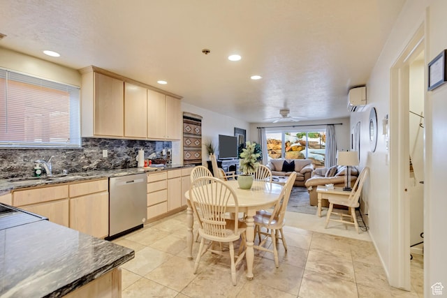 255 Main St Unit A2, Park City, UT 84060 - kitchen with a sink, a ceiling fan, light brown cabinetry, dishwasher, and an AC wall unit