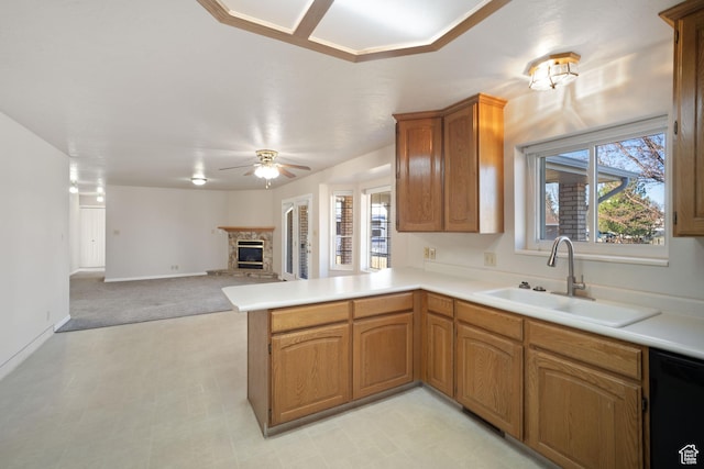 kitchen with a healthy amount of sunlight, a peninsula, a sink, and dishwasher