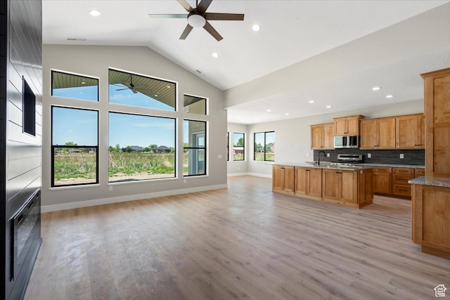 2833 N 3475 W, Plain City, UT 84404 - kitchen with stainless steel appliances, open floor plan, ceiling fan, light wood-style flooring, and recessed lighting
