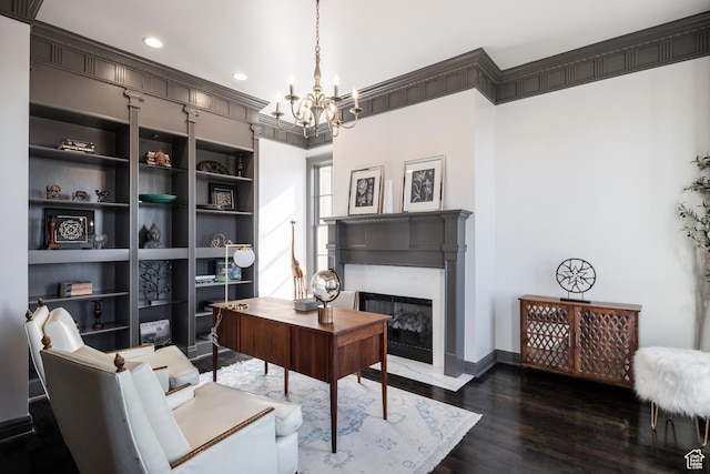 67 E Dorchester Dr, Salt Lake City, UT 84103 - office featuring recessed lighting, a fireplace with flush hearth, dark wood-type flooring, baseboards, and a chandelier