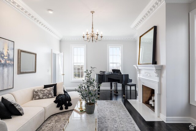 67 E Dorchester Dr, Salt Lake City, UT 84103 - living room featuring ornamental molding, dark wood-type flooring, baseboards, a chandelier, and a high end fireplace