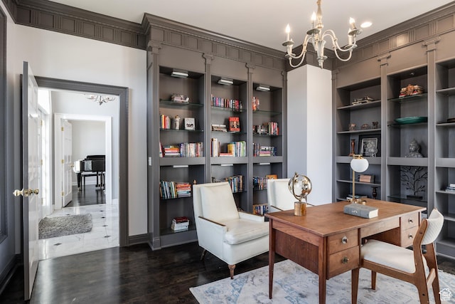67 E Dorchester Dr, Salt Lake City, UT 84103 - home office with ornamental molding, a notable chandelier, and dark wood-style floors