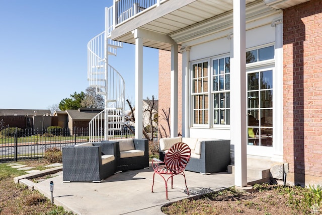 67 E Dorchester Dr, Salt Lake City, UT 84103 - view of patio / terrace featuring an outdoor hangout area, fence, and stairway