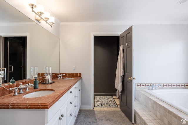 67 E Dorchester Dr, Salt Lake City, UT 84103 - bathroom with double vanity, a sink, a garden tub, and crown molding