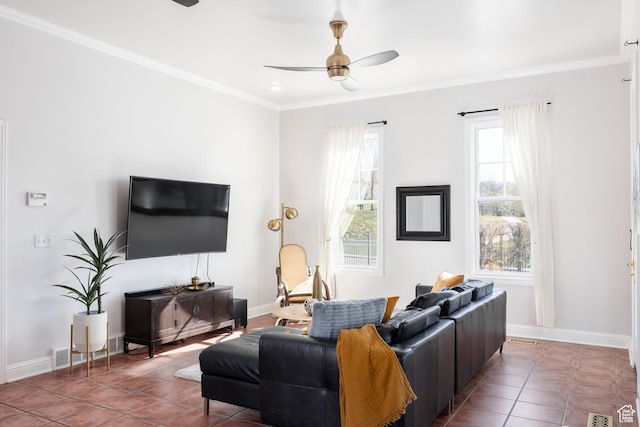 67 E Dorchester Dr, Salt Lake City, UT 84103 - tiled living room featuring baseboards, ceiling fan, visible vents, and ornamental molding