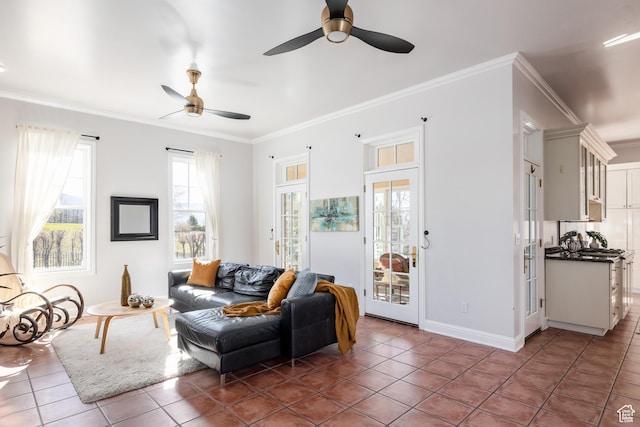 67 E Dorchester Dr, Salt Lake City, UT 84103 - living room with baseboards, tile patterned flooring, ornamental molding, and a ceiling fan