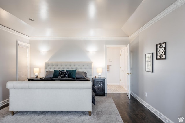 67 E Dorchester Dr, Salt Lake City, UT 84103 - bedroom featuring crown molding, dark wood-style floors, baseboards, and visible vents