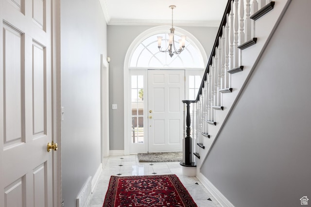 67 E Dorchester Dr, Salt Lake City, UT 84103 - entrance foyer featuring stairway, an inviting chandelier, ornamental molding, baseboards, and visible vents