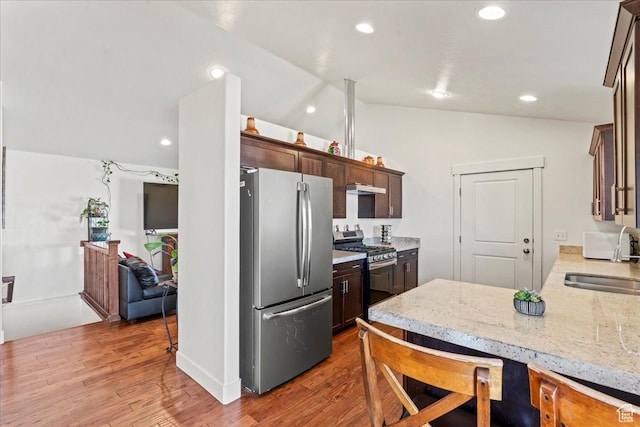 379 S Utah Dr, Grantsville, UT 84029 - kitchen with vaulted ceiling, stainless steel appliances, a sink, light wood-style flooring, and dark brown cabinetry