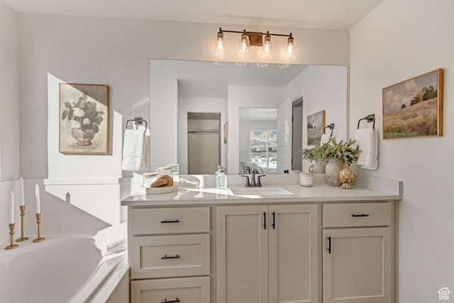 bathroom featuring a bath, vanity, and walk in shower