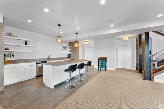 4601 N Toscana Hills Dr, Lehi, UT 84043 - kitchen with a kitchen breakfast bar, white cabinetry, open shelves, recessed lighting, and stainless steel dishwasher