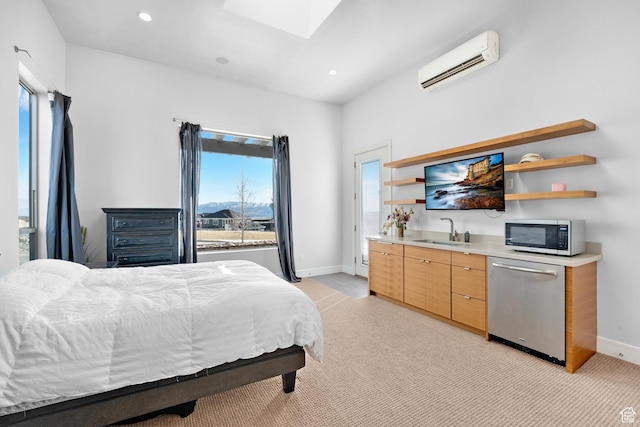 4601 N Toscana Hills Dr, Lehi, UT 84043 - bedroom with a skylight, recessed lighting, light carpet, a sink, and an AC wall unit