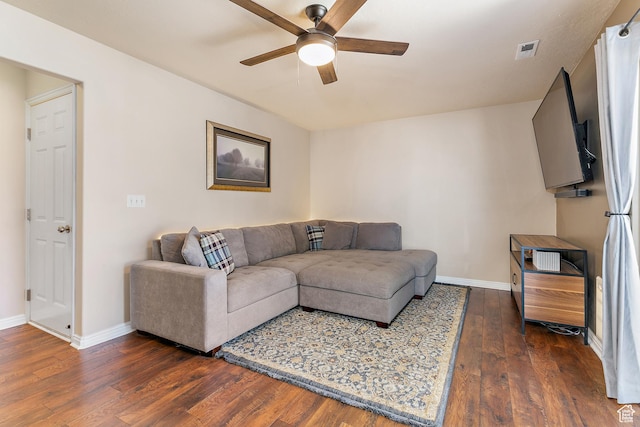 6874 S Hoyle Cir, West Jordan, UT 84081 - living room featuring baseboards, visible vents, a ceiling fan, and dark wood finished floors