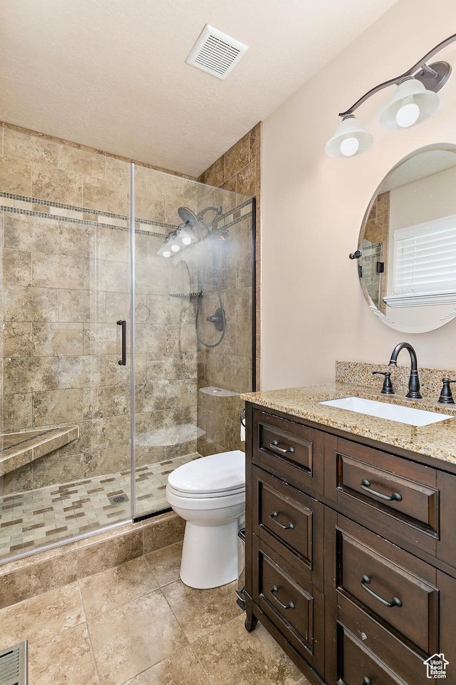 6874 S Hoyle Cir, West Jordan, UT 84081 - bathroom with visible vents, toilet, vanity, and a stall shower