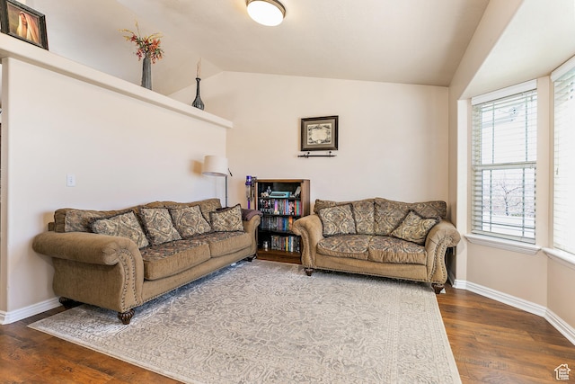 6874 S Hoyle Cir, West Jordan, UT 84081 - living area with baseboards, vaulted ceiling, and wood finished floors