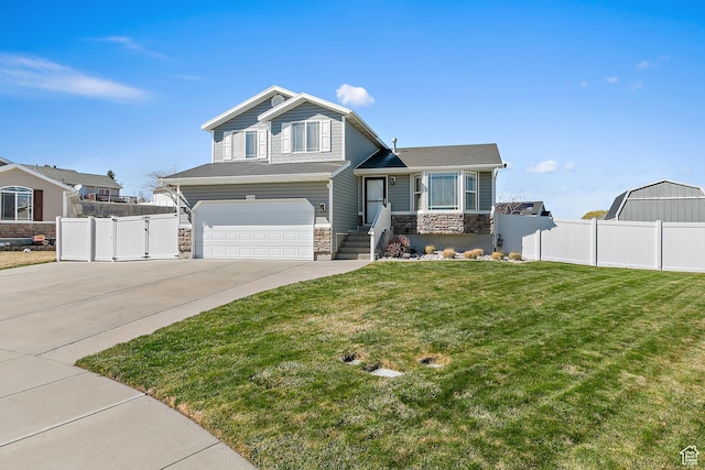 6874 S Hoyle Cir, West Jordan, UT 84081 - tri-level home featuring driveway, stone siding, fence, and a garage