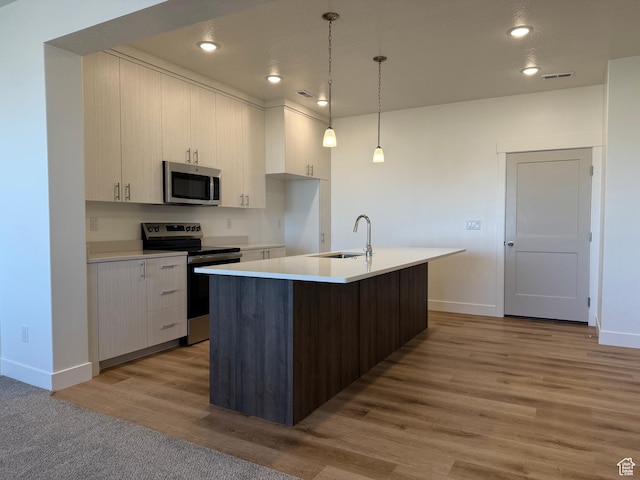 kitchen with light wood finished floors, a sink, light countertops, and appliances with stainless steel finishes