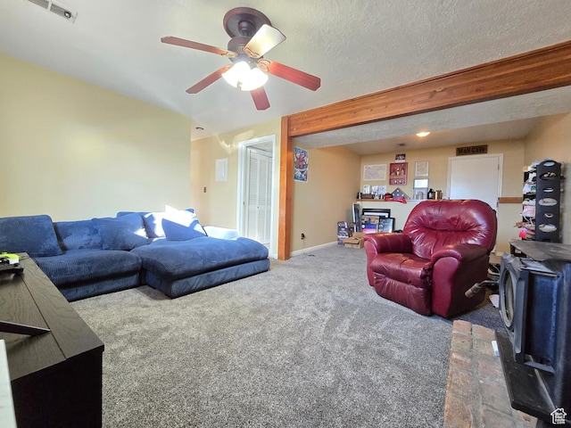 243 Downs Cir, Ogden, UT 84404 - living area with baseboards, a textured ceiling, carpet floors, ceiling fan, and visible vents