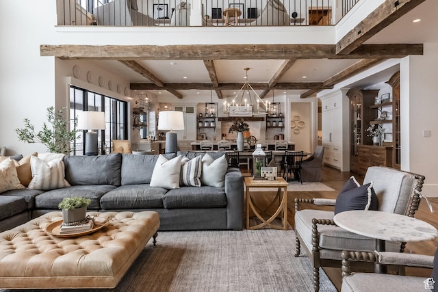 1230 S Eaglenest Dr, Woodland Hills, UT 84653 - living area with a chandelier, beam ceiling, and coffered ceiling