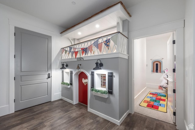 1230 S Eaglenest Dr, Woodland Hills, UT 84653 - mudroom with wood finished floors, recessed lighting, baseboards, arched walkways, and beamed ceiling