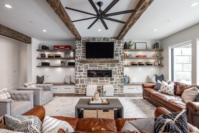 1230 S Eaglenest Dr, Woodland Hills, UT 84653 - living room featuring wood finished floors, beam ceiling, ceiling fan, recessed lighting, and a fireplace