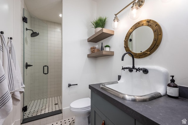1230 S Eaglenest Dr, Woodland Hills, UT 84653 - bathroom featuring a stall shower, toilet, vanity, and tile patterned floors