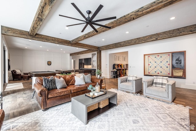 1230 S Eaglenest Dr, Woodland Hills, UT 84653 - living room with wood finished floors, beam ceiling, recessed lighting, a ceiling fan, and baseboards