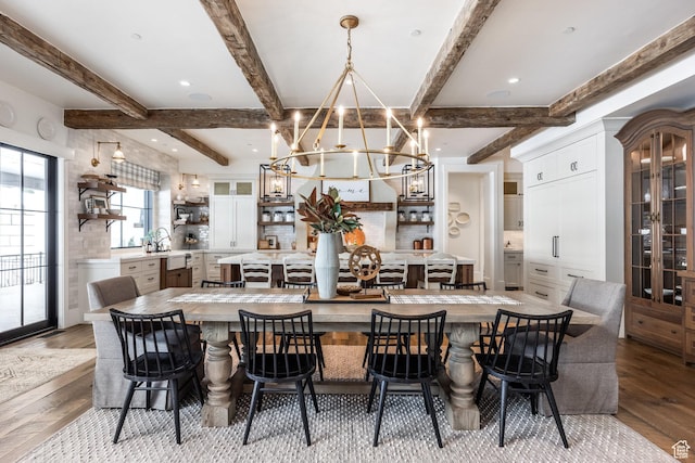 1230 S Eaglenest Dr, Woodland Hills, UT 84653 - dining area featuring hardwood / wood-style flooring, a chandelier, and beamed ceiling