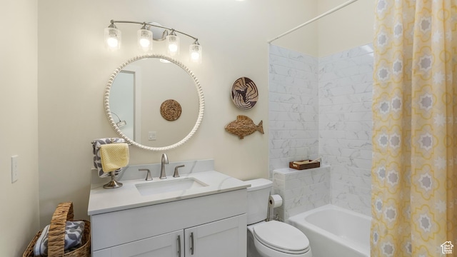 bathroom featuring shower / tub combo, toilet, and vanity