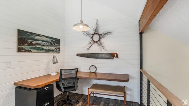 home office featuring vaulted ceiling with beams and dark wood-style floors