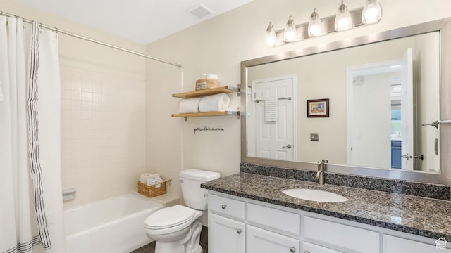 full bath featuring visible vents, toilet, vanity, and shower / bathtub combination with curtain