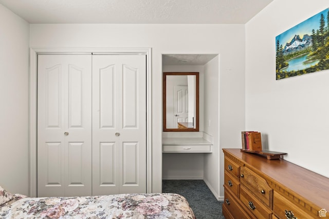 430 E Canyon Rd, Fillmore, UT 84631 - bedroom featuring a closet, built in study area, a textured ceiling, baseboards, and dark carpet