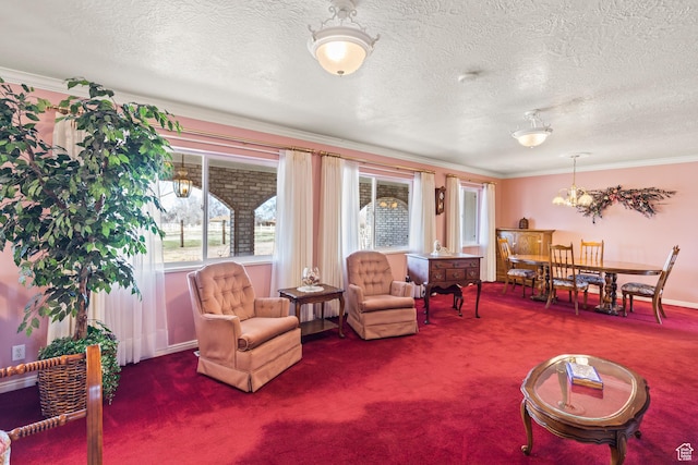 430 E Canyon Rd, Fillmore, UT 84631 - carpeted living area featuring ornamental molding, baseboards, a chandelier, and a textured ceiling