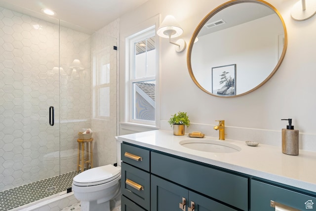 full bathroom with toilet, vanity, a shower stall, visible vents, and recessed lighting