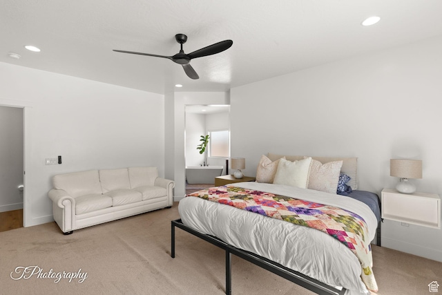 carpeted bedroom featuring a ceiling fan and recessed lighting