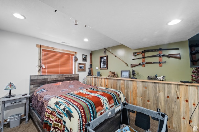 carpeted bedroom with visible vents and recessed lighting