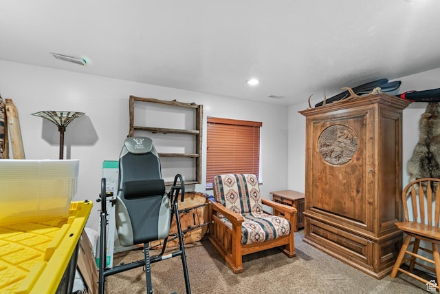 office space featuring recessed lighting, light colored carpet, and visible vents
