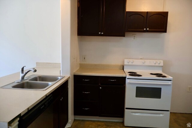 kitchen with electric range, stainless steel dishwasher, a sink, light countertops, and dark brown cabinetry