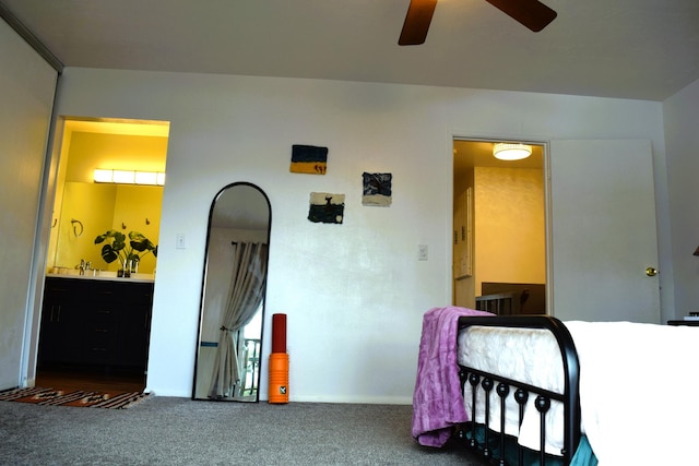 4759 S Pintail Ct, Salt Lake City, UT 84117 - bedroom featuring carpet floors, ensuite bathroom, a sink, and a ceiling fan